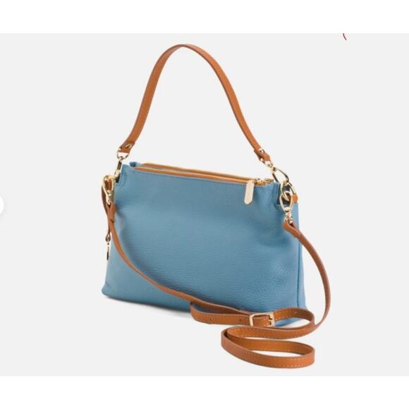 Valentina Italia Light Blue Pebbled Cross Body Bag Purse Genuine Leather - Picture 1 of 11